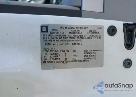 2007 Chevrolet Equinox Lt из США, поврежденный, VIN 2CNDL73F076231639